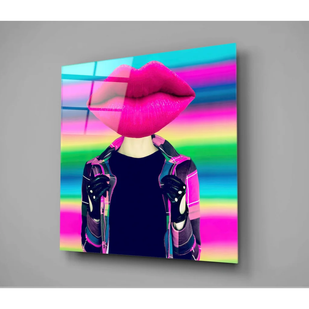 Neon pink lips canvas wall art with metallic gloves and geometric vibes