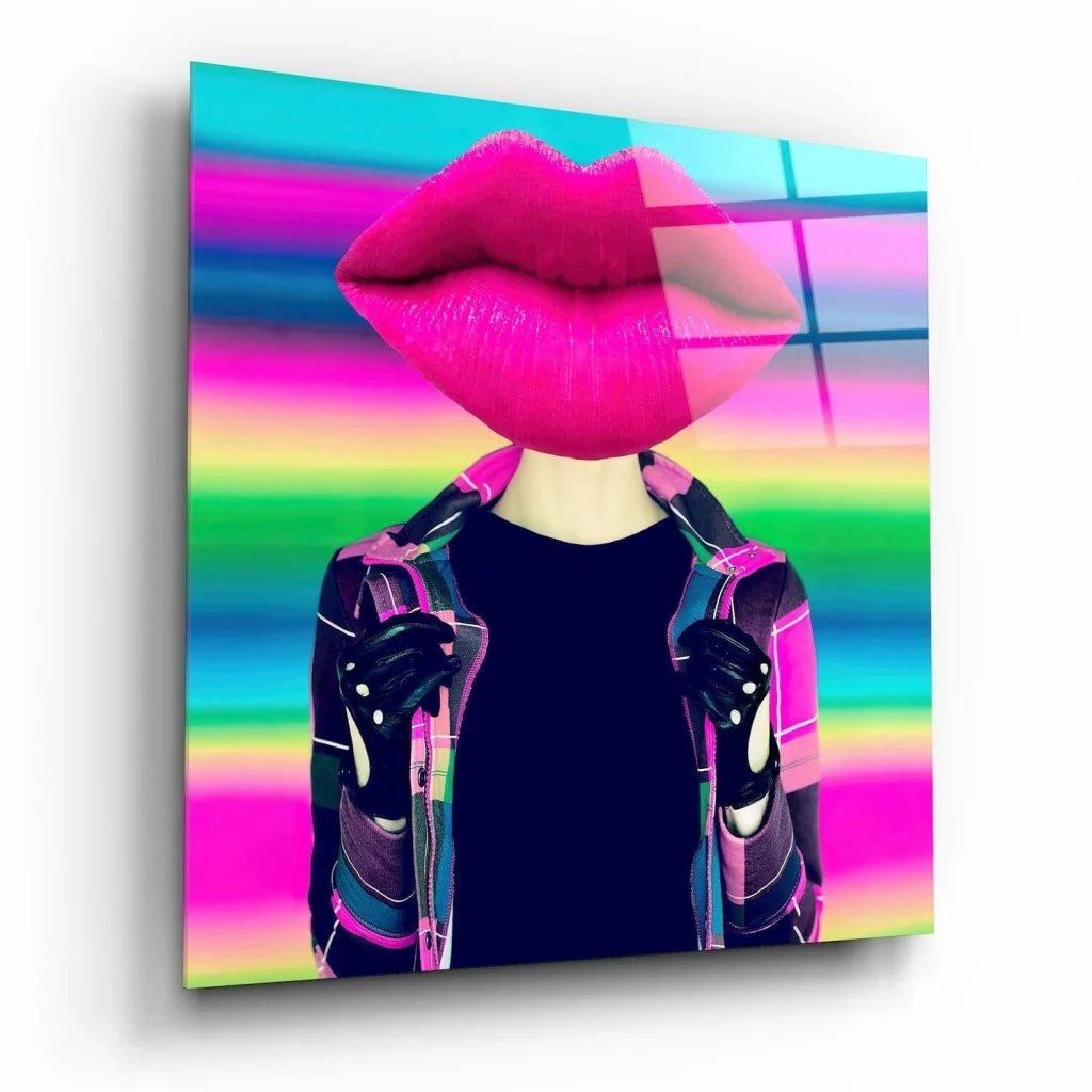 Neon pink lips canvas wall art with holographic vibes