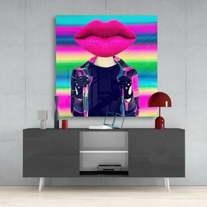 Vibrant neon pink lips canvas wall art with holographic vibes