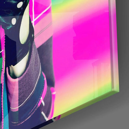 Neon pink lips wall art with holographic green sneakers vibes