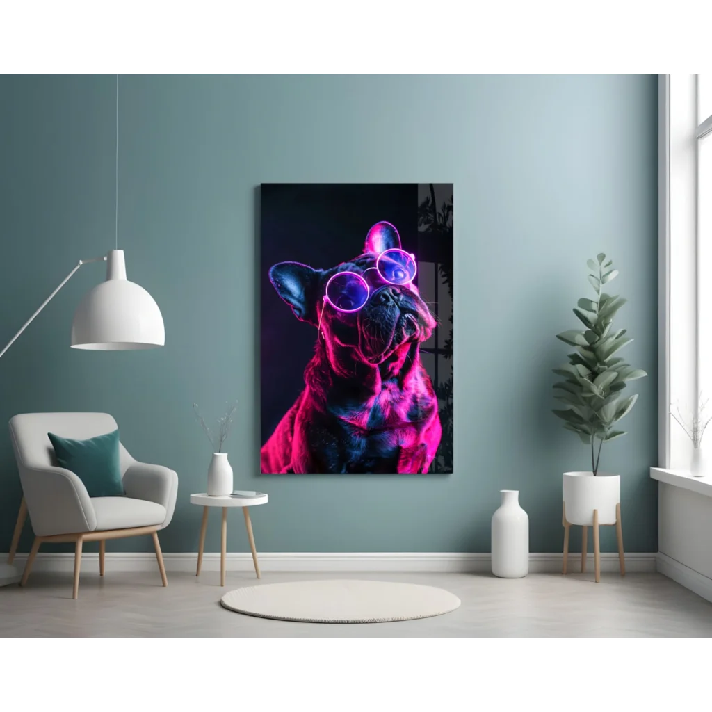 Neon pink purple French Bulldog glass wall art with sunglasses