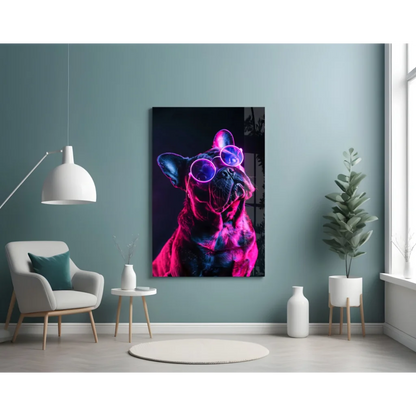 Neon pink purple French Bulldog glass wall art with sunglasses