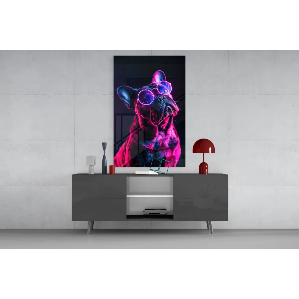 Neon pink black French Bulldog glass wall art print on glossy surface