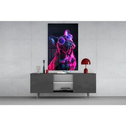 Neon pink black French Bulldog glass wall art print on glossy surface