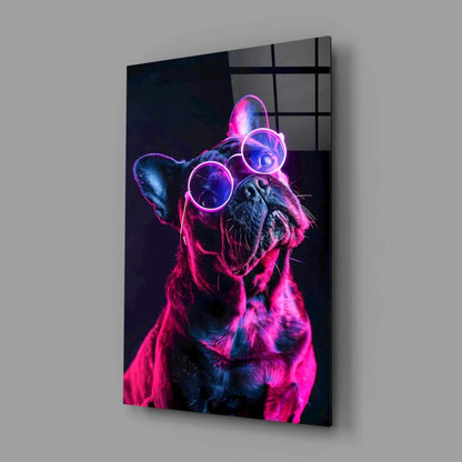 Vibrant neon pink purple French Bulldog glass wall art print