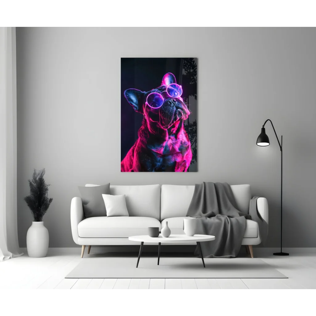 Vibrant neon pink purple French Bulldog glass wall art print