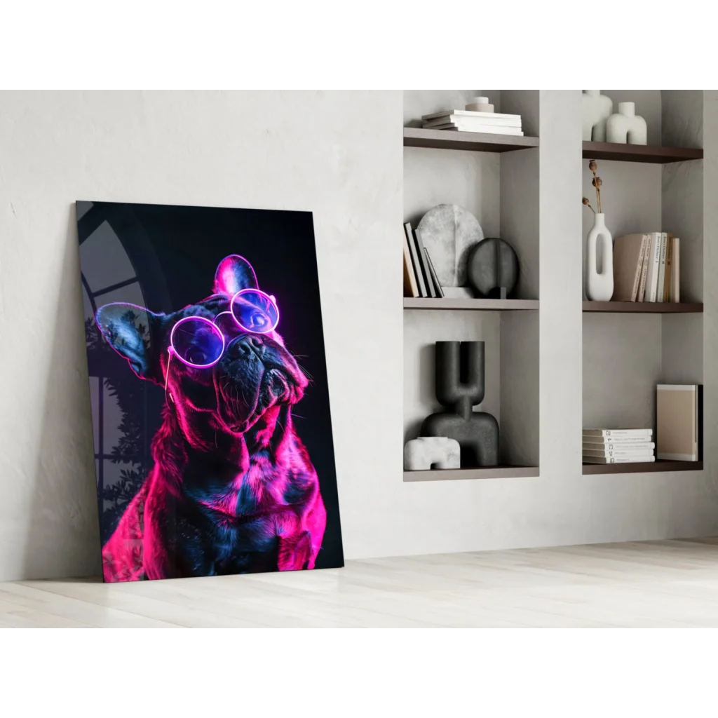 Vibrant neon French Bulldog glass wall art print in pink purple hues