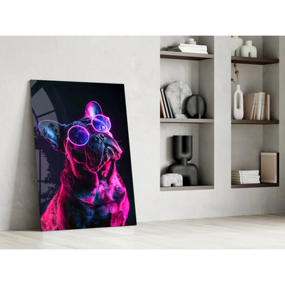 Vibrant neon French Bulldog glass wall art print in pink purple hues