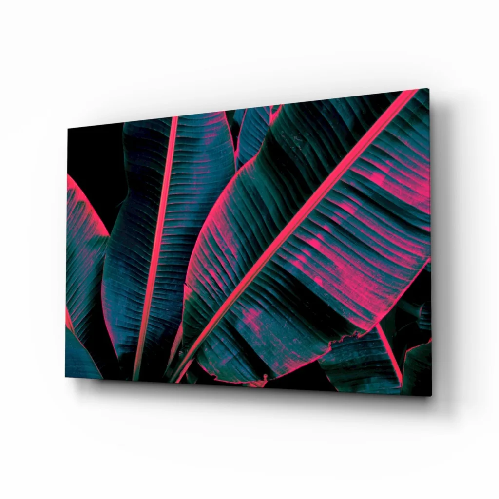 Vibrant neon pink teal banana leaf glass wall art panel
