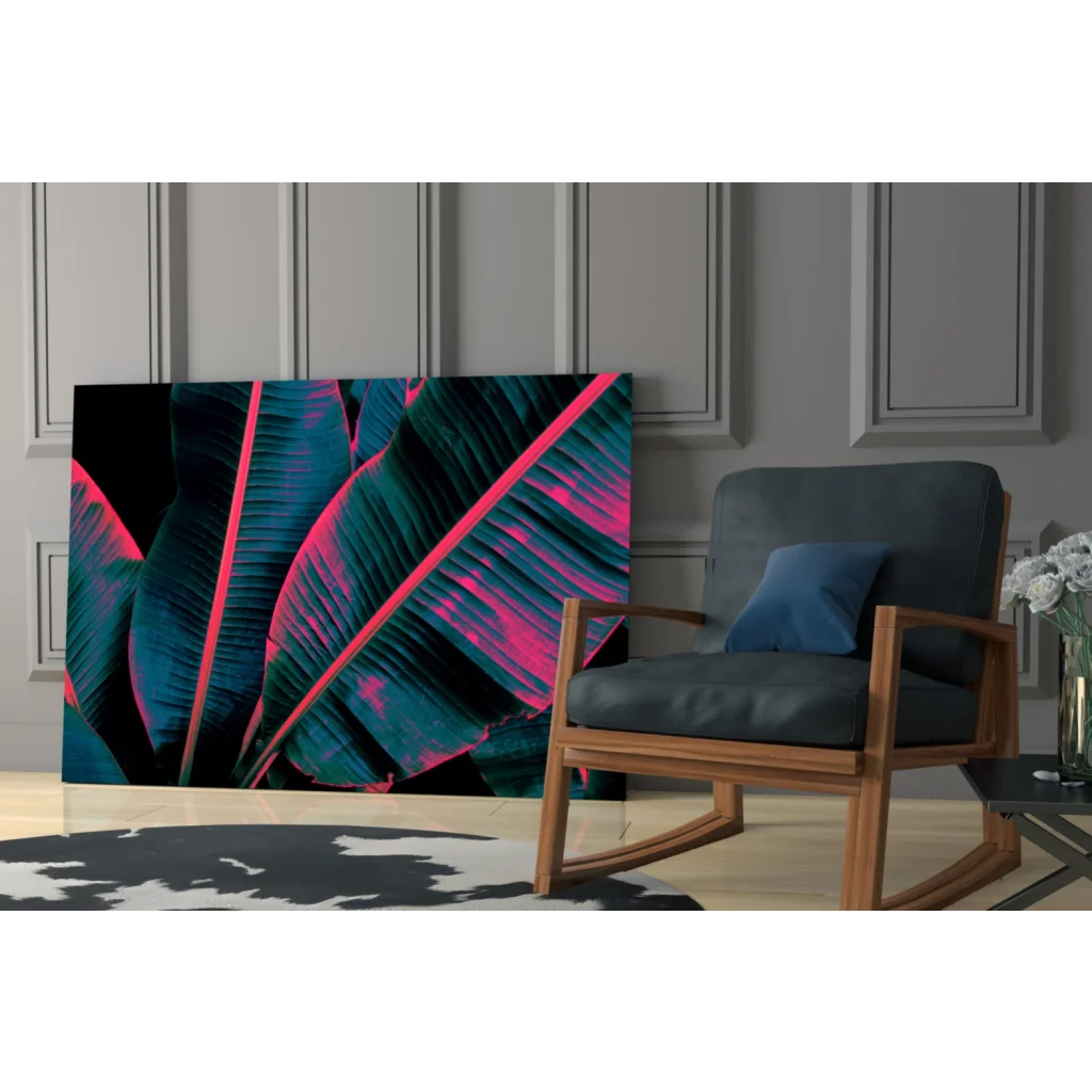 Vibrant neon pink teal banana leaf glass wall art panel