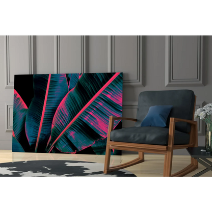 Vibrant neon pink teal banana leaf glass wall art panel
