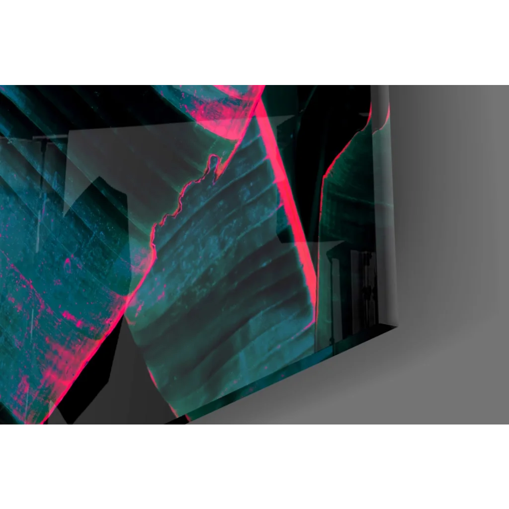 Sleek neon pink teal banana leaf glass wall art panel