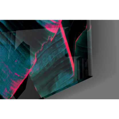 Sleek neon pink teal banana leaf glass wall art panel