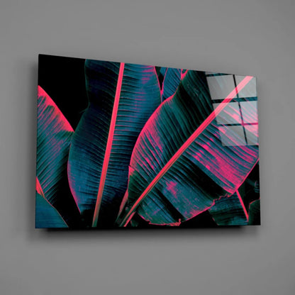 Vibrant neon pink teal banana leaf glass wall art panel