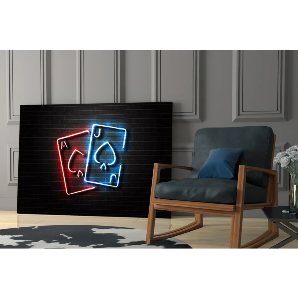 Neon-lit red blue ace spades glass wall art on black brick wall