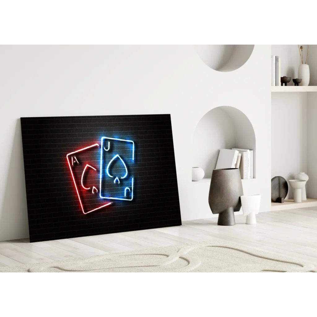 Neon-lit red and blue Ace and Jack Spades glass wall art