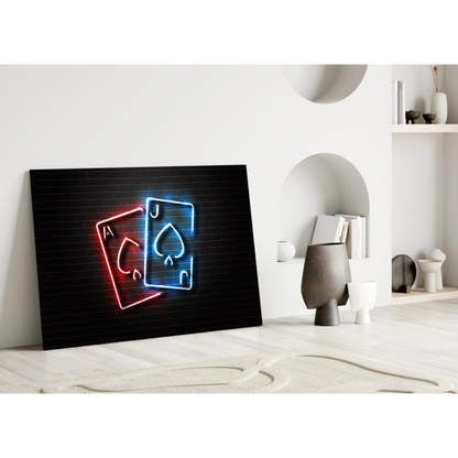 Neon-lit red and blue Ace and Jack Spades glass wall art