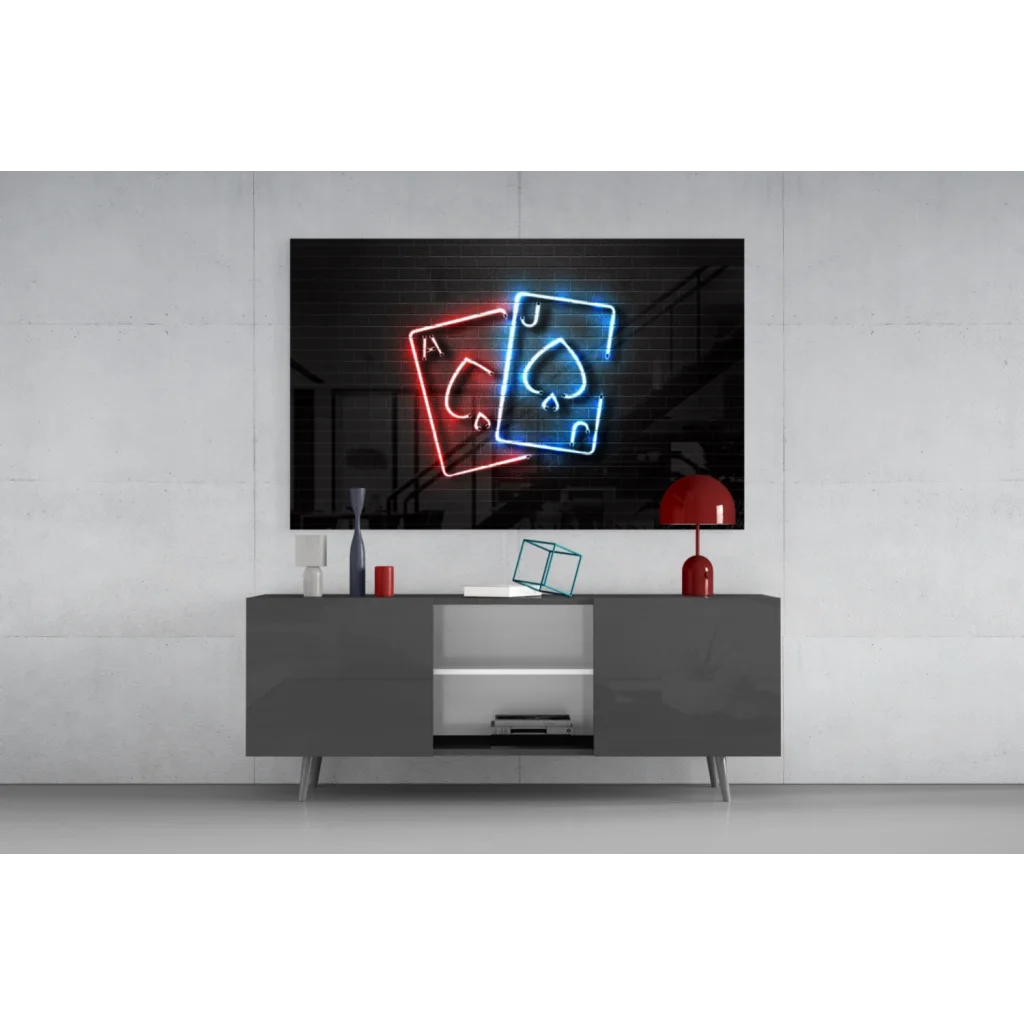 Neon red and blue ace playing card on glass wall art