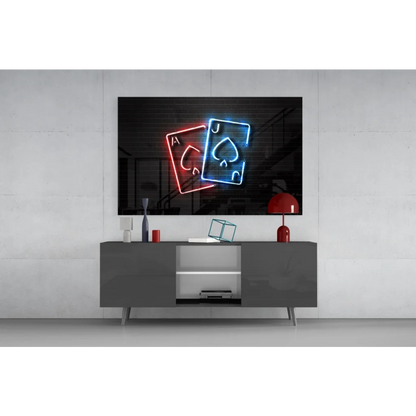Neon red and blue ace playing card on glass wall art