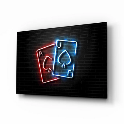 Neon red blue ace spades card on black brick glass wall art