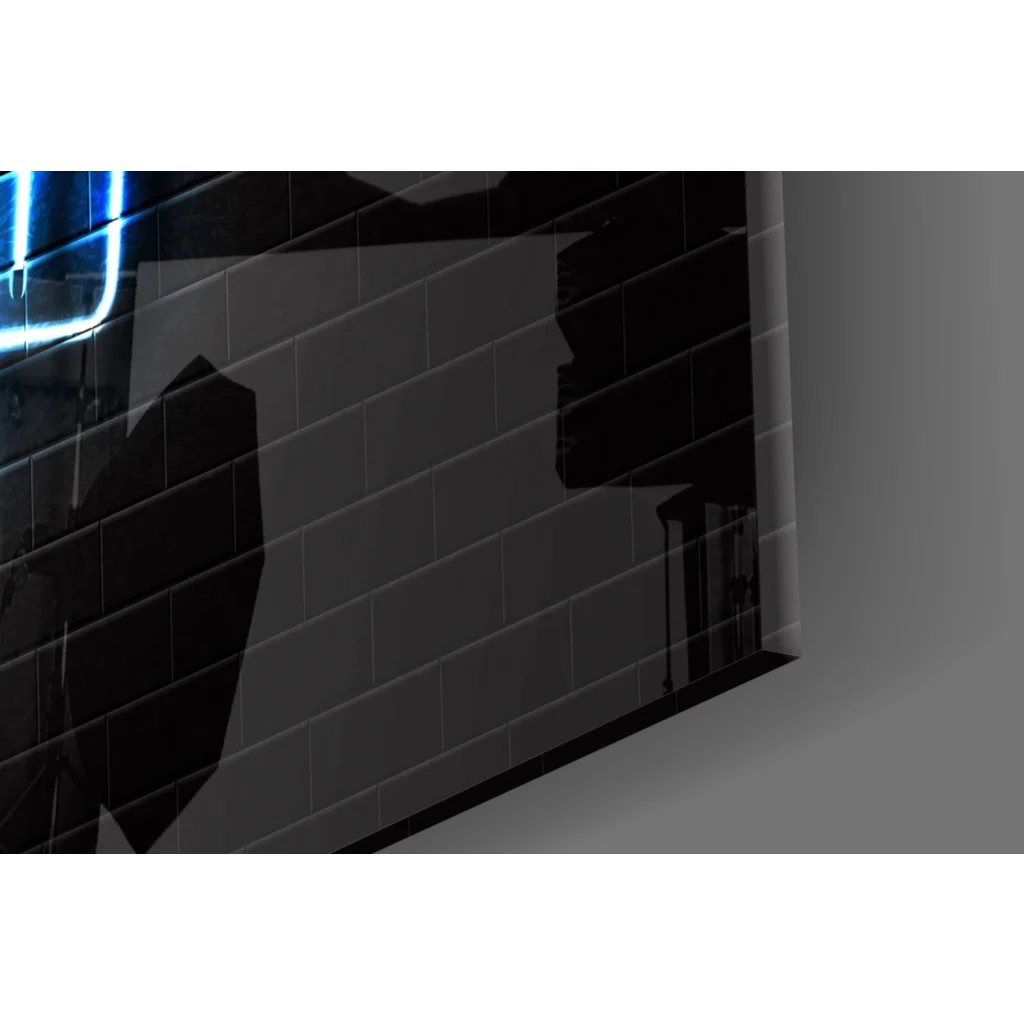 Black glossy brick wall with glowing blue neon Ace and Jack Spades glass wall art