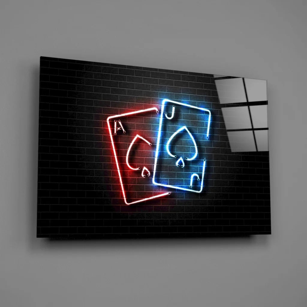 Vibrant red blue neon ace jack spades glass wall art