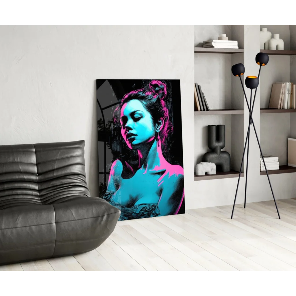Vibrant neon blue and pink pop art woman canvas wall art print