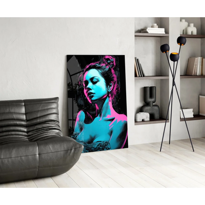 Vibrant neon blue and pink pop art woman canvas wall art print