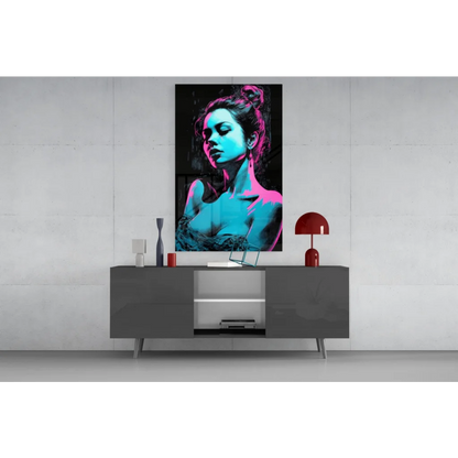 Neon blue and pink pop art woman wall art canvas print