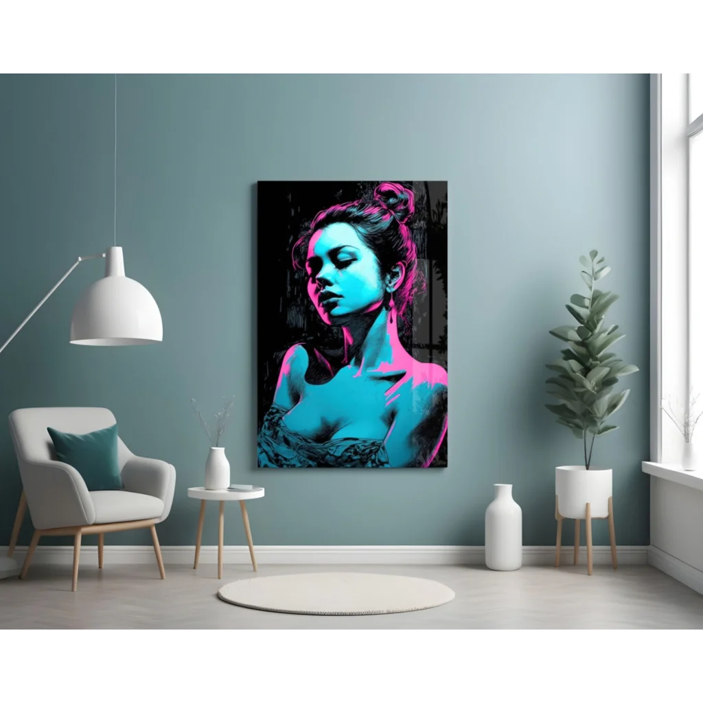 Vibrant neon pop art woman portrait canvas wall art in electric blue and pink