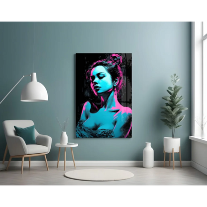 Vibrant neon pop art woman portrait canvas wall art in electric blue and pink