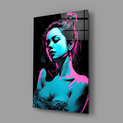Neon pop art woman canvas wall art in electric blue and pink