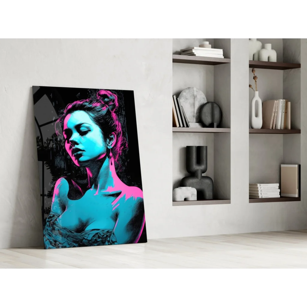 Neon pop art canvas wall art of woman in electric blue pink on black