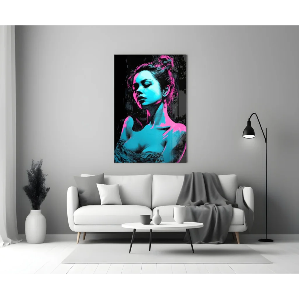 Vibrant neon pop art woman canvas wall art in electric blue and pink