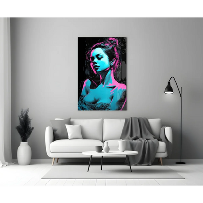Vibrant neon pop art woman canvas wall art in electric blue and pink
