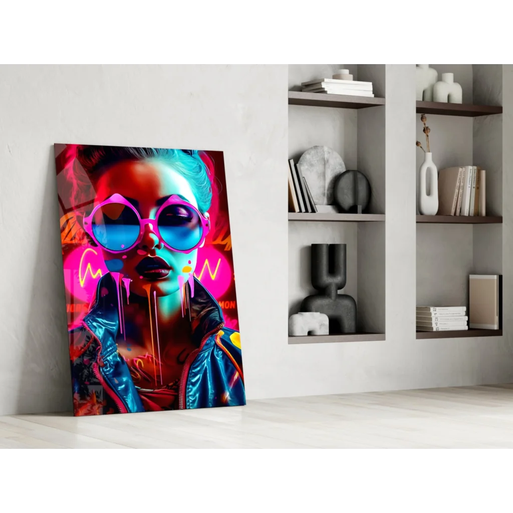 Neon pop art woman in glossy sunglasses with dripping paint on canvas wall art