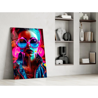 Neon pop art woman in glossy sunglasses with dripping paint on canvas wall art