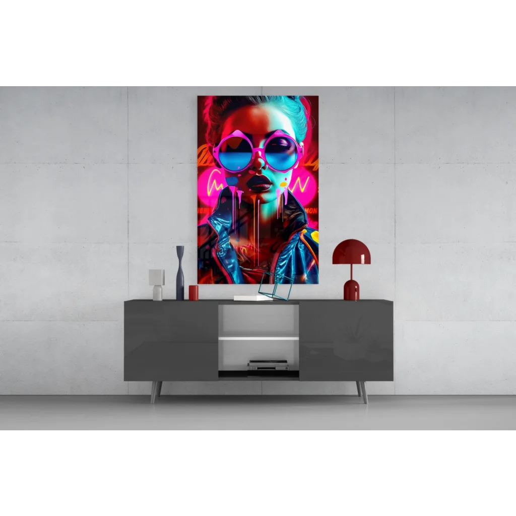 Neon pink blue pop art woman canvas wall art with glossy sunglasses