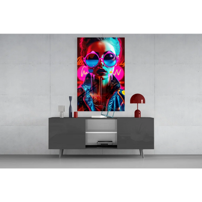 Neon pink blue pop art woman canvas wall art with glossy sunglasses