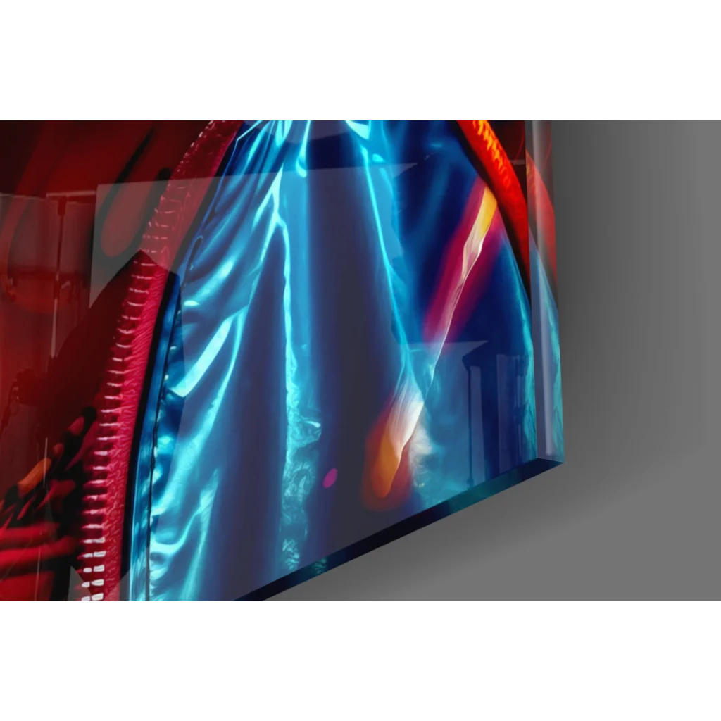 Neon pop art woman wall art with blue silver curtain, red zipper, glossy sunglasses