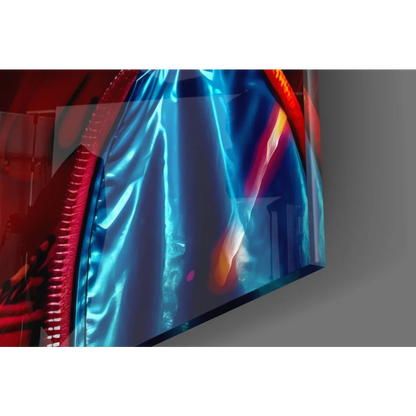 Neon pop art woman wall art with blue silver curtain, red zipper, glossy sunglasses