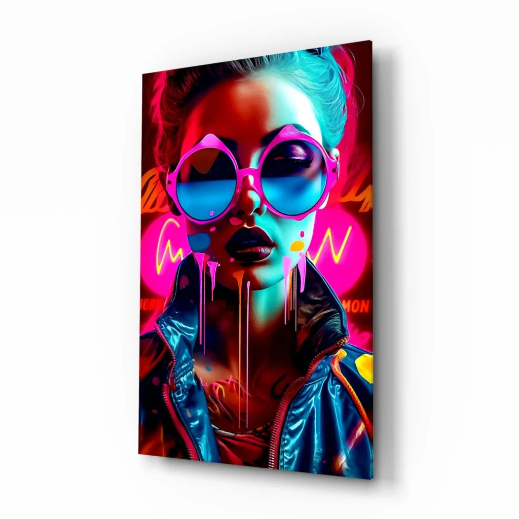 Neon pop art woman in metallic jacket with glossy blue pink sunglasses wall art