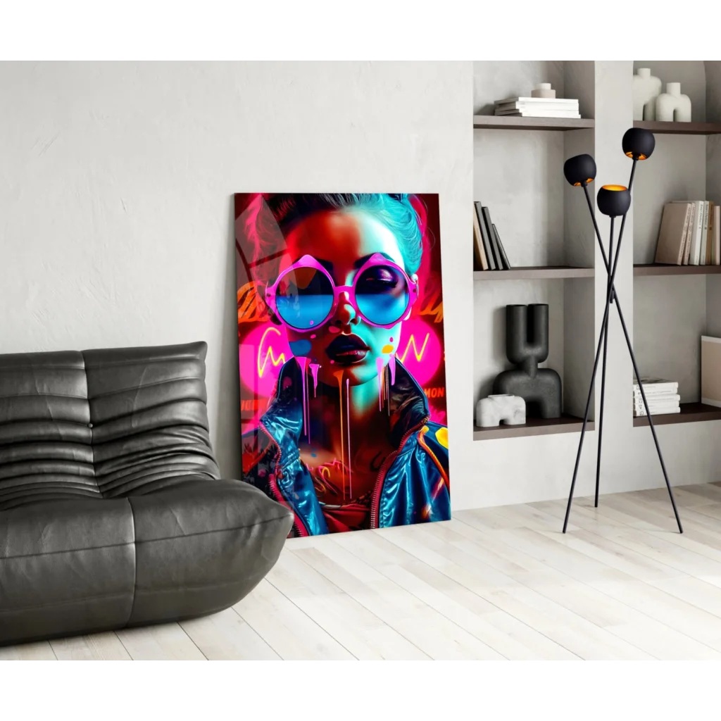 Neon pink blue pop art woman wall art with glossy sunglasses