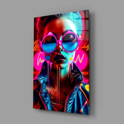 Neon pop art woman wall art with glossy blue pink sunglasses