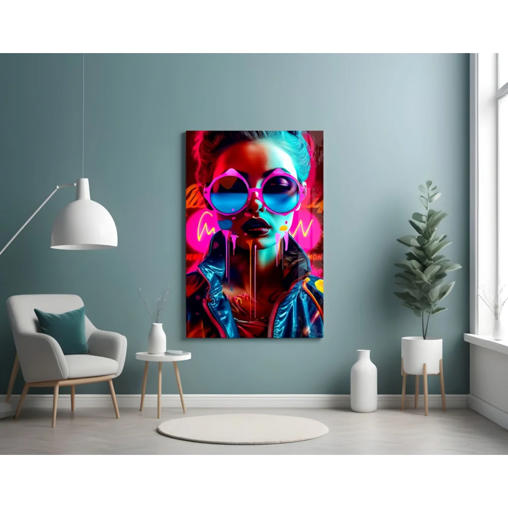 Neon pop art woman canvas wall art with glossy sunglasses and dripping paint