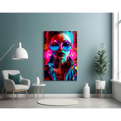 Neon pop art woman canvas wall art with glossy sunglasses and dripping paint