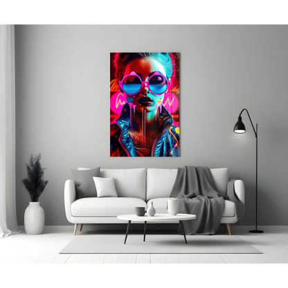 Neon pink blue pop art woman portrait on canvas wall art with glossy sunglasses