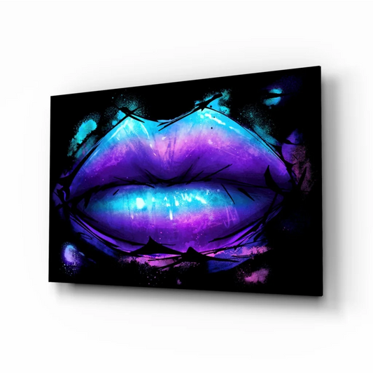 Vibrant neon purple lips canvas wall art print with electric glow