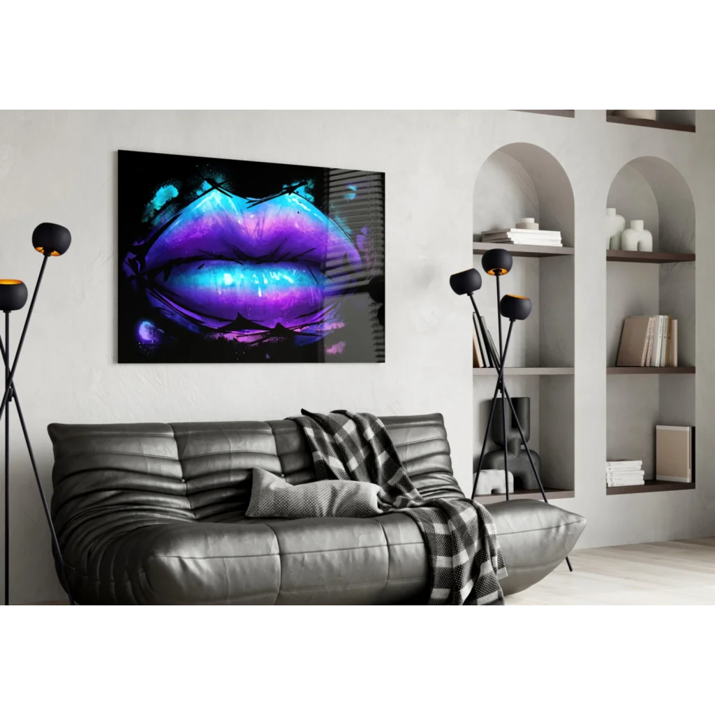Vibrant neon purple lips canvas wall art print with electric glow