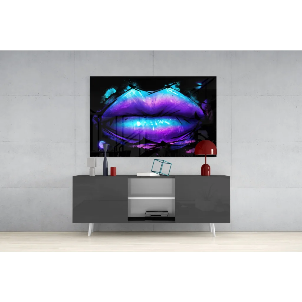 Vibrant purple blue lips on 4K OLED glass wall art, glossy black frame